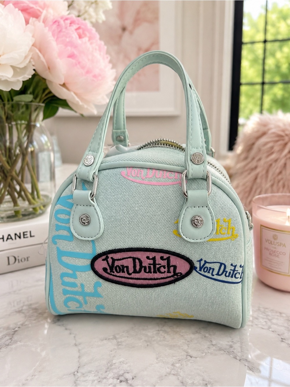 Von Dutch Mini Bowling Satchel – Denim - Logo Print Y2K Shoulder Bag